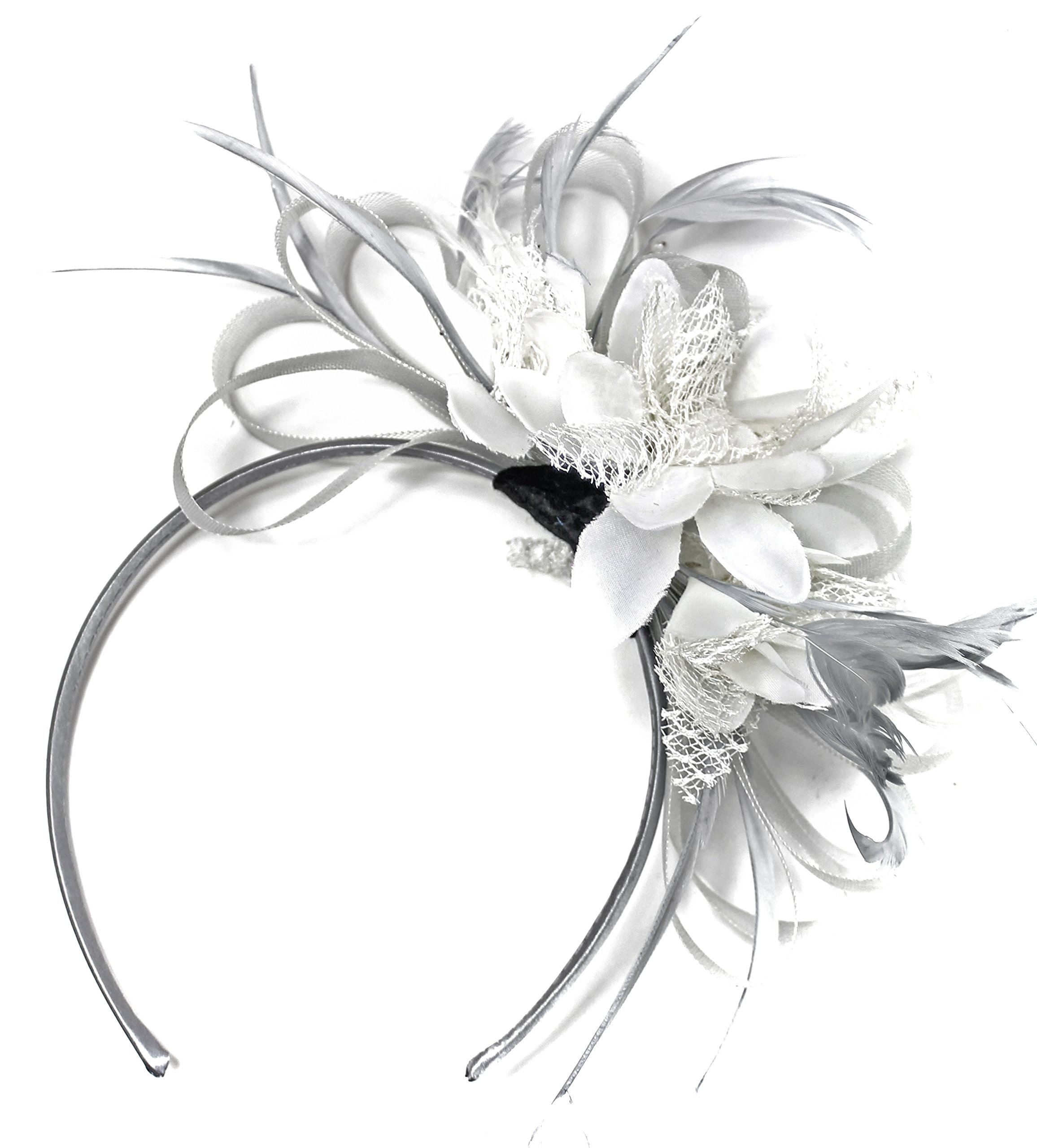 Caprilite Silver Grey and White Net Hoop Feather Hair Fascinator Headband Wedding Royal Ascot Races