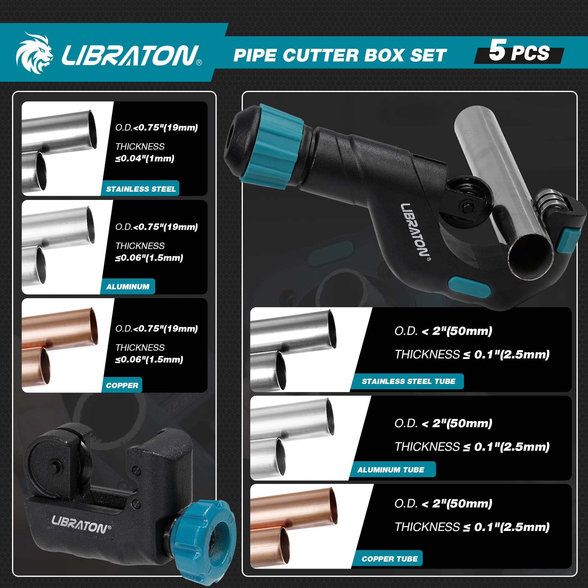 LIBRATON Rohrschneider 3-50MM, Hochleistungs-rohrschneider Edelstahl, PEX-Rohrschneider, Entgrater und Rohrreibahle, 5tlg Rohrabschneider Set für Kupfer, Aluminium, PEX, PVC, mit Aufbewahrungsbox 3