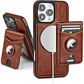 SkyEagle Compatible with MagSafe iPhone 16 Pro Case Wallet with AirTag Holder,2 in 1 PU Leather Magnetic Detachable RFID Blocking Credit Card Holder Flip Cover Kickstand for Men Women,Brown