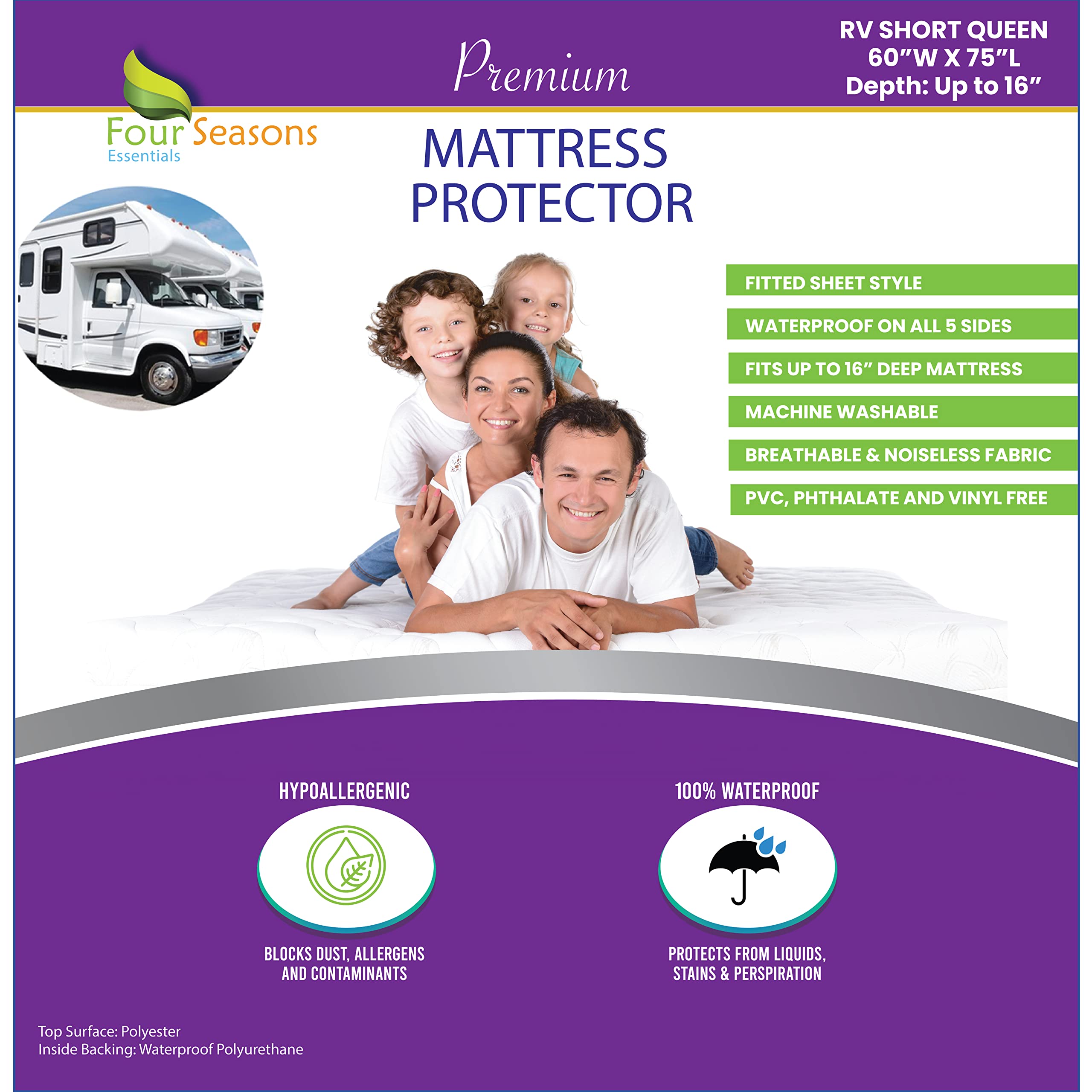 RV Short Queen Waterproof Mattress Protector (60" Wx75 L) Fitted