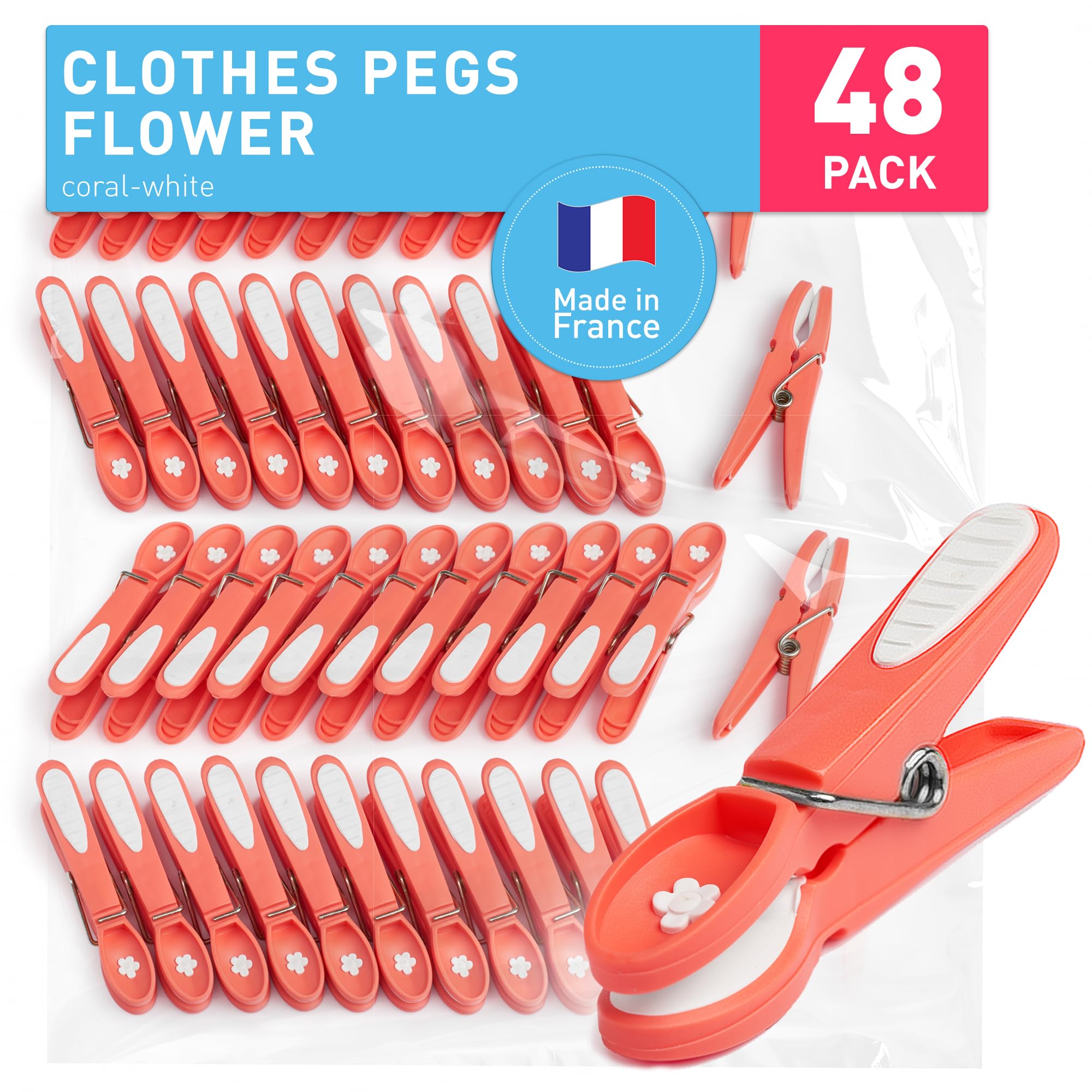 culiclean Clothes Pegs for Washing Line – Strong Soft Grip Washing Pegs Flower – Durable Plastic Laundry Pegs for Indoor, Outdoor Use – Heavy Duty Clothes Clips – 48 Pack – coral-white