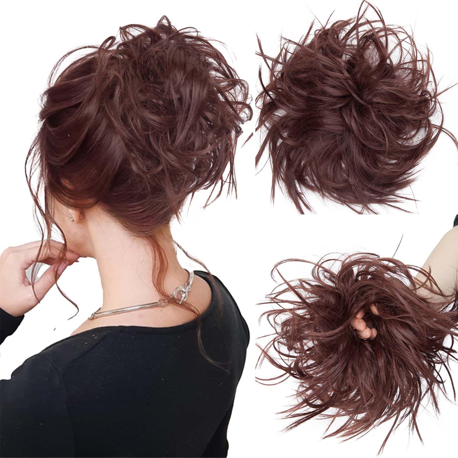 Real Fashion Tousled Updo Hair Pieces Messy Bun Hairscrunchies Extensions Hairpieces Ponytails Hair-Extensions for Women Dark Auburn