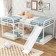 Bellemave L-Shape Bunk Beds with Slide, Quad Bunk Bed for 4, Metal Twin Size Bunk Bed Attached with Full Size Bunk Bed Frame, Modern Corner Bunked for Multi-Kids Boys Girls Teens (White)