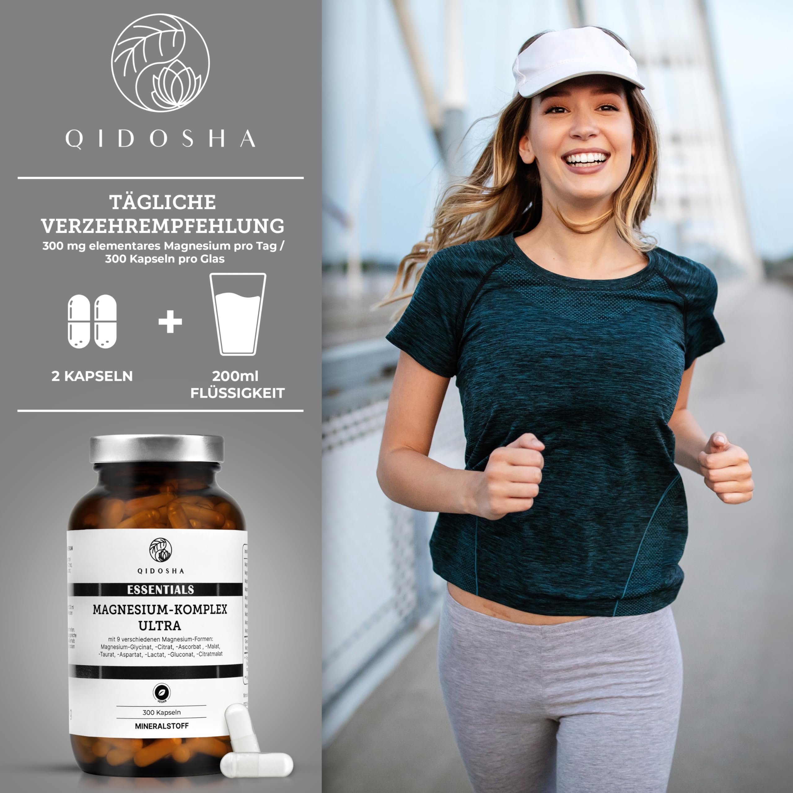QIDOSHA® Magnesium Komplex hochdosiert, 300 Kapseln im Apothekerglas, 9 Mg-Formen mit sich ergänzenden Wirkschwerpunkten als Mg-Vollspektrum, 300mg elementares Magnesium/Tagesportion 9
