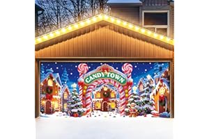 YUSPENYE Christmas Garage Door Cover Decoration, 7x16 ft Holiday Garage Door Banner, Outdoor Banner Garage Door Decorations, Candy Town Gingerbread Village with Candy Cane Arch, Gingerbread Man, Snowy Night
