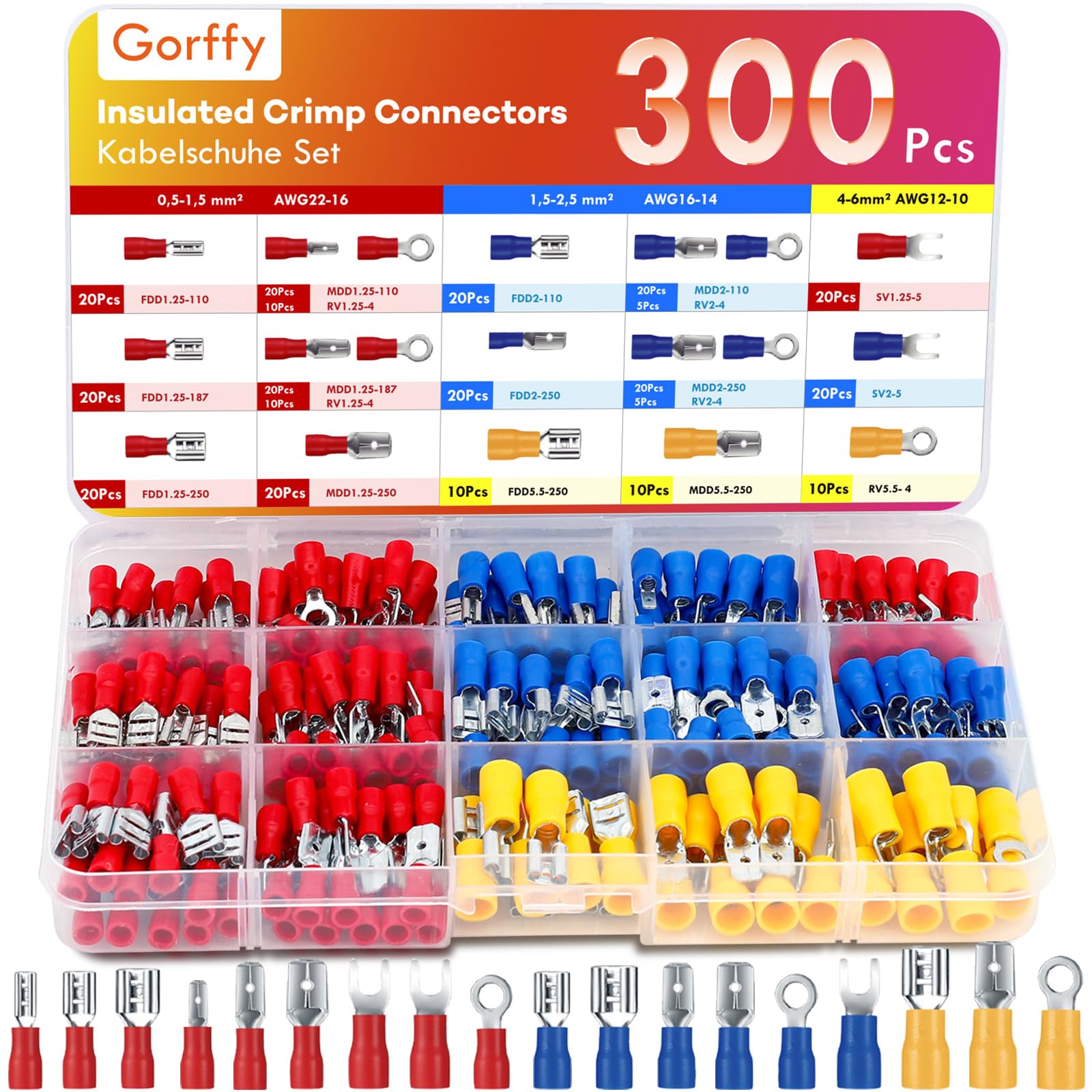 Gorffy Crimp Connectors 300 Pcs, Auto Electrical Connector 0.5-6.0mm², Male Female Spade Connectors Kit, Ring Wire Connector, Crimp Terminal for Wiring — image 1