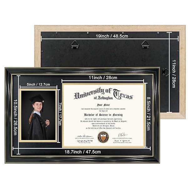 GRADUATIONMALL 11X19 BLACK DIPLOMA AND PHOTO FRAME FOR 8.5X11 CERTIFICATE,5X7 PICTURE,TEMPERED GLASS,BLACK OVER GOLD DOUBLE MAT