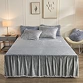 LIFEREVO Luxury Pom Poms Velvet Bed Skirt, Velvet Wrap Around Bedspread, Diamond Quilted Fitted Bed Sheet with Bedskirt, 18 I