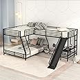 P PURLOVE Triple Bunk Bed for Kids,L-Shaped Metal Corner 3 Bunk Bed with Slide,Twin Over Full Bunk Bed with Twin Loft Bed with Desk for Kids,Teens,Junior Triple Metal Bunk Bed,Black