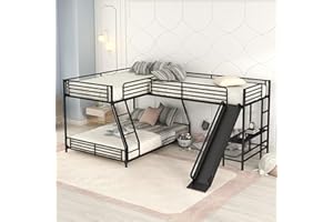 BOVZA L-Shaped Triple Bunk Bed, Twin Over Full Metal Bunk Beds for 3 Kids with Twin Size Loft Bed, Built-in Desk and Slide, 3 Bed Bunk Beds for Kids, Black