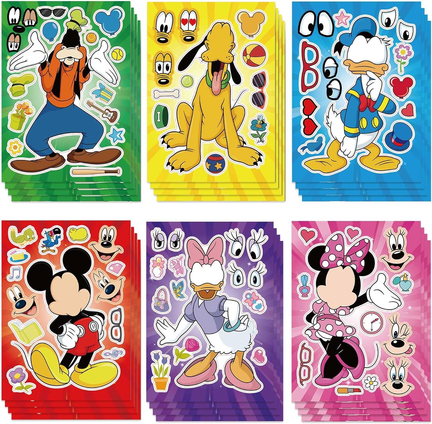 24 Sheets Cartoon Mouse Make-a-face Stickers for Kids Teens, Mixed & Matched with 6 Designed Characters Stickers for Party Decoration, Reward, Decor, Gift Idea