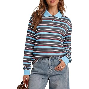 Tankaneo Womens Striped Long Sleeve Polo Shirts Casual Oversized Tops | Y2K, Rugby, Streetwear, Loose fit, Color block, Pullo