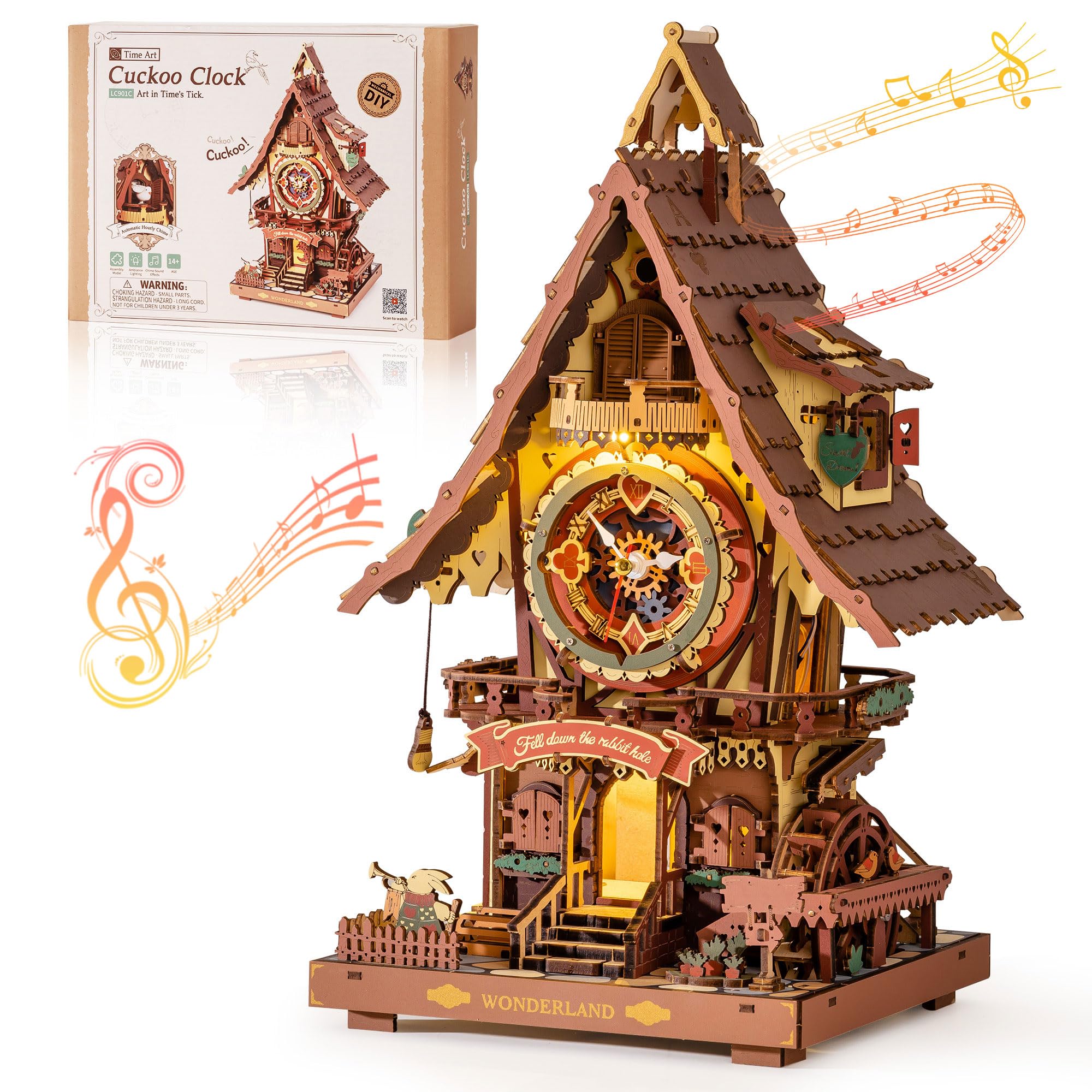 ROBOTIME 3D Puzzle Cuckoo Clock for Adults,Wooden Puzzle Model Kits to Build,Working Clock with Cuckoo Sound,Home Decor Craft,Gift for Teens & Adults,LC901C (Vintage Color)