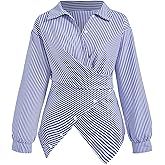 winkbay Women's Striped Bow Tie Shirt Elegant Wrap Button Front Long Sleeve Business Casual Blouse