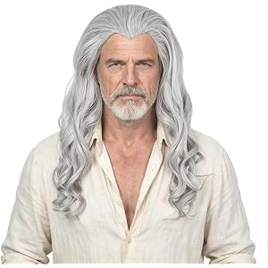 incohair Men Wigs Silver Gray Long Curly Synthetic Hair Halloween Cosplay Costume Party Wig,20 Inch
