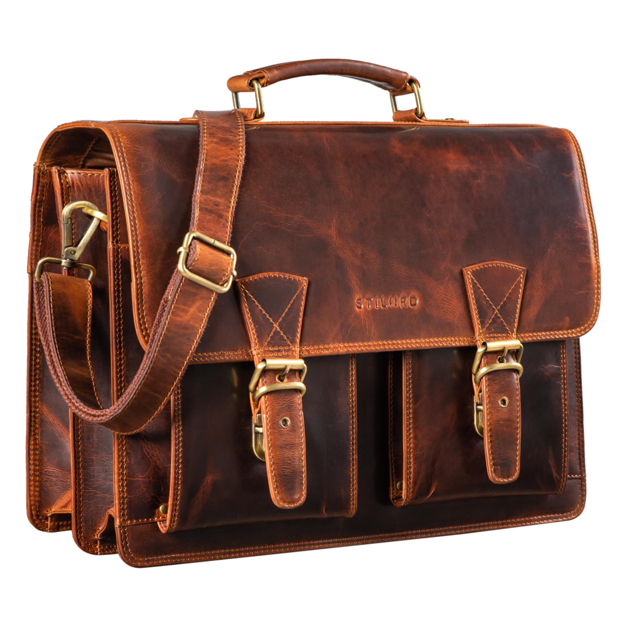 STILORD "Jeffrey Genuine Leather Teacher’s Bag – Large Vintage Briefcase for Men & Women – 15.6” Laptop Satchel with Shoulder Strap & Trolley Sleeve Colour:kara - cognac