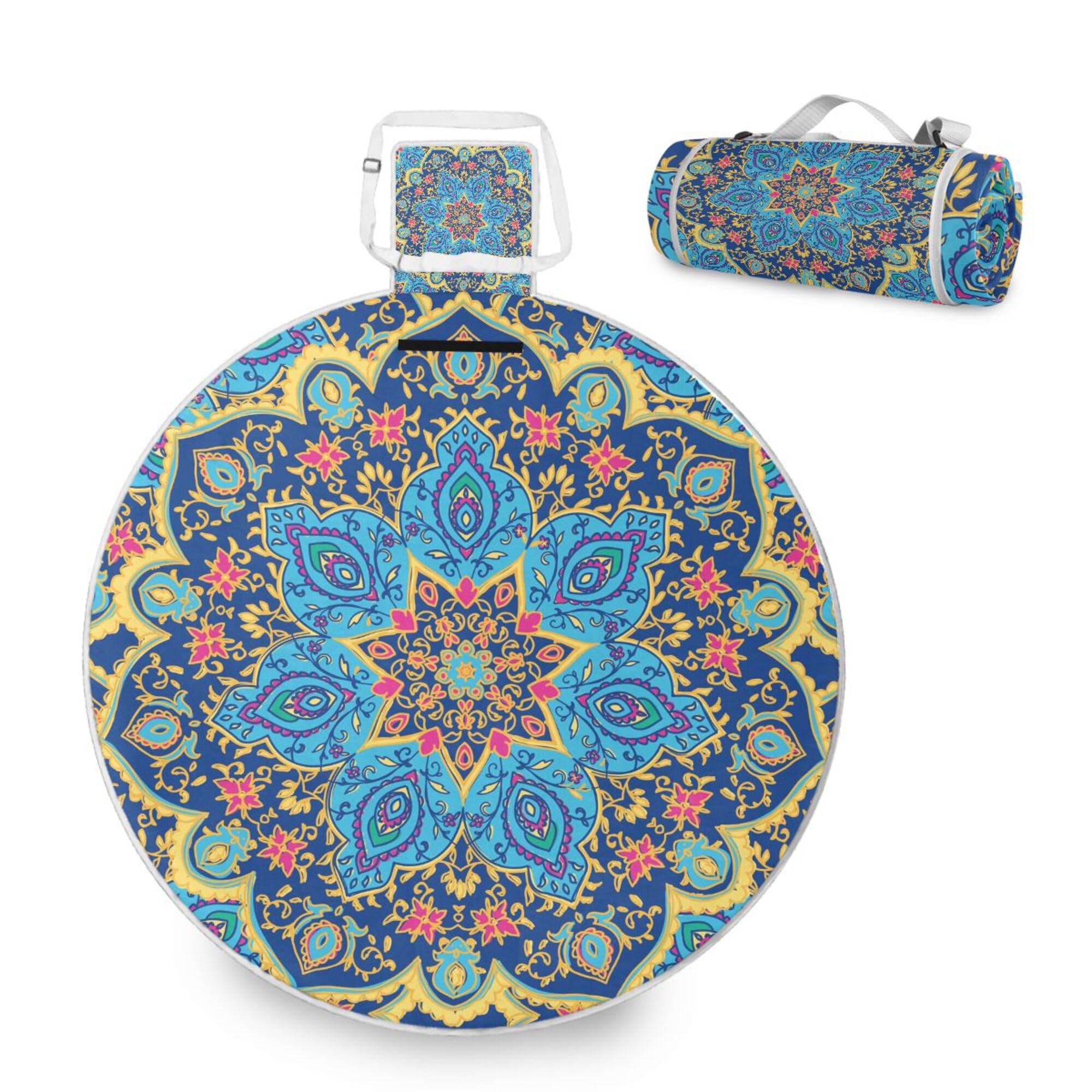 ALAZA Round Waterproof Picnic Blanket, Tribal Mandala Floral Print Portable Folding Indoors Rug Outdoors Mat for Travel Hiking Camping Park, 148cm