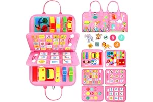 Qizfun Busy Board Montessori Toy for 1 2 3 4 Years Old, Educational Activity Sensory Board Preschool Learning Fine Motor Skills Toys, Toddler Travel Toy for Plane Car, Gift for Boys Girls (Pink/P4)