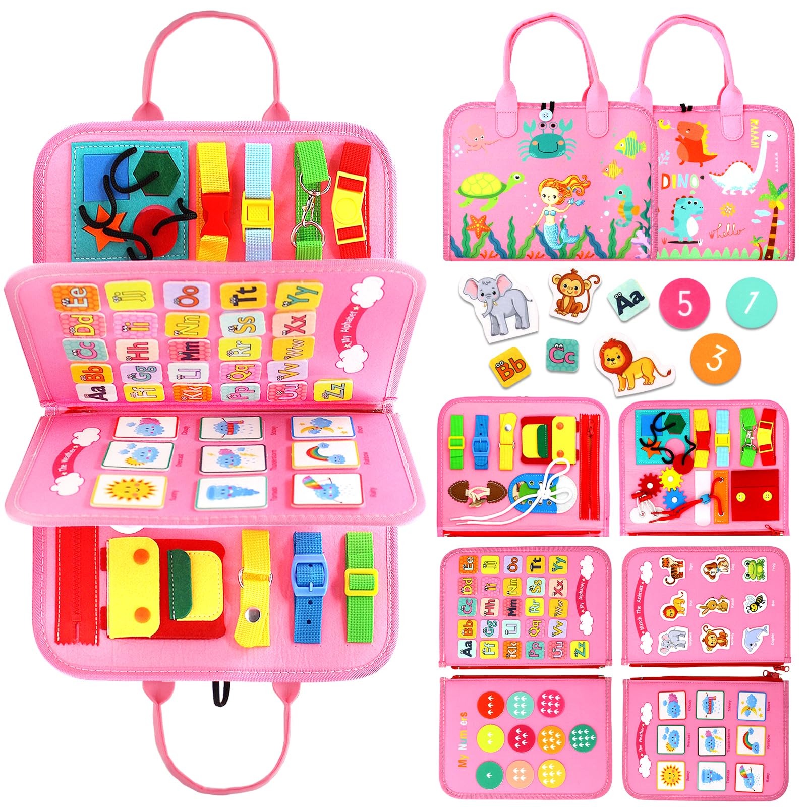 Qizfun Busy Board Montessori Toy for Kids Ages 3+, Educational Sensory Learning Toy for Fine Motor Skills, Preschool Travel Toy for Airplane & Car, Gifts for Boys and Girls