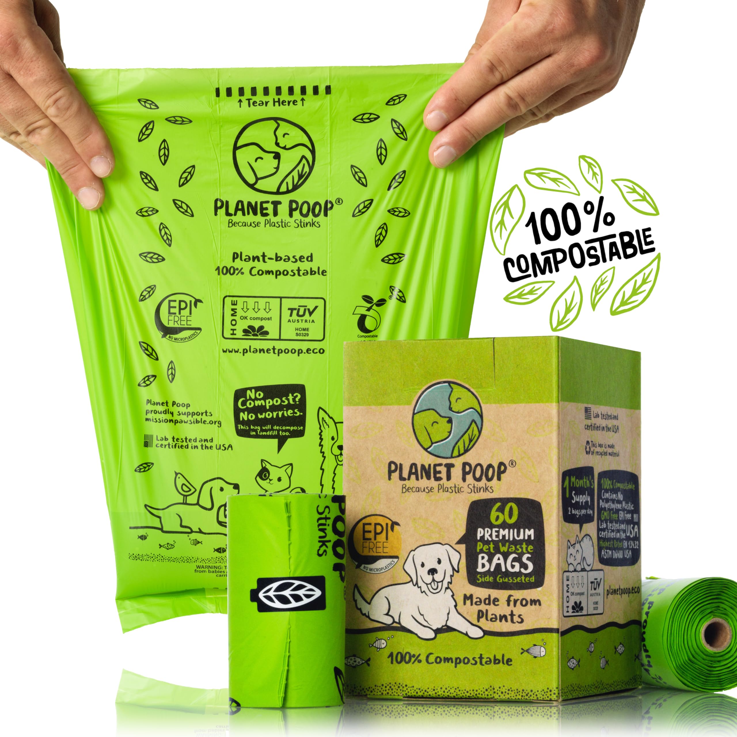 PLANET POOP Compostable Poo Bags on Refill Rolls | 60 Biodegradable Un-Scented Dog Waste Bags 100% Plastic Free | Thick Leakproof Doggy or Cat Bag | Plant-Based Eco & Earth Friendly Green Pet Supplies