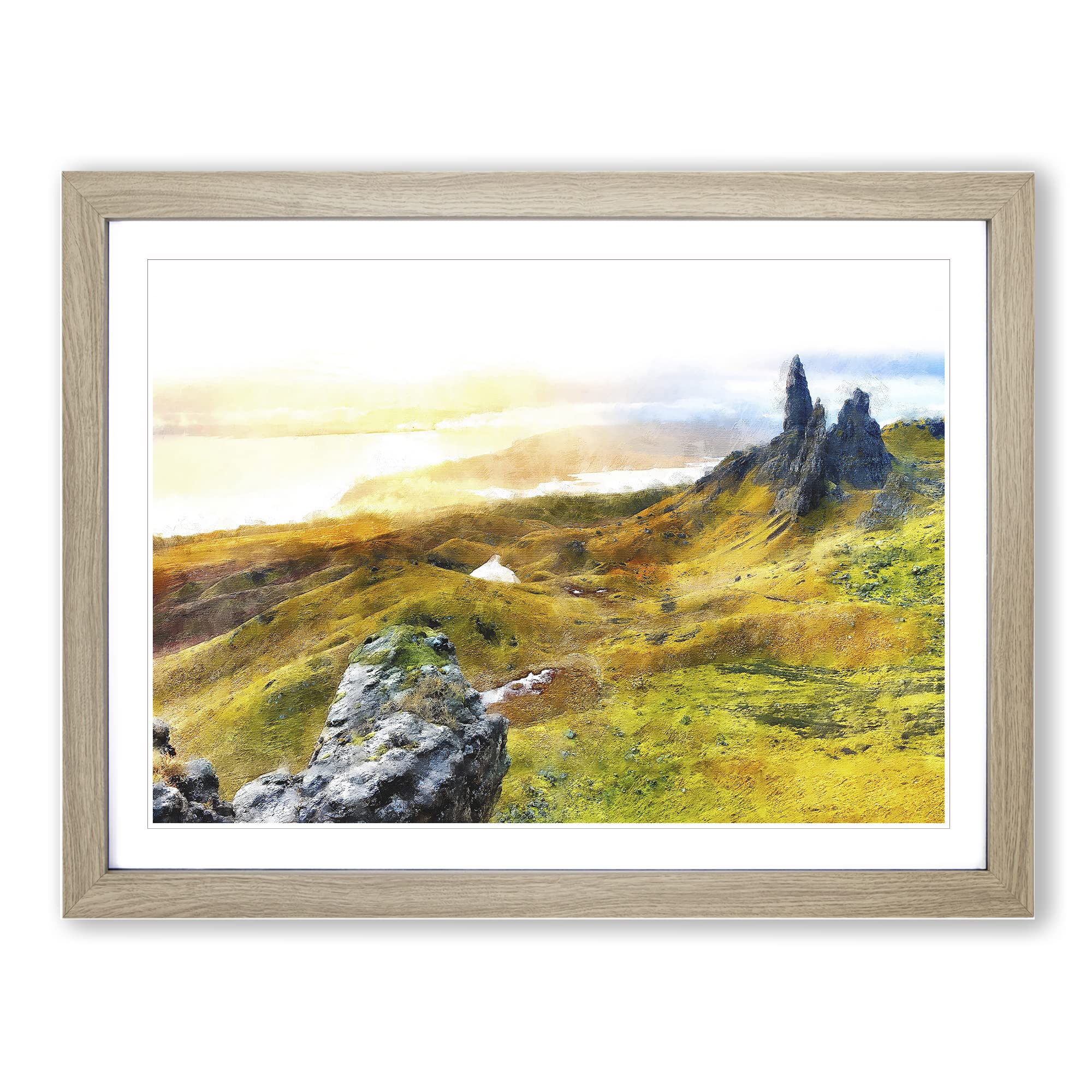 Old Man Of Storr In The Isle Of Skye Painting Modern Art Framed Wall Art Print, Ready to Hang Picture for Living Room Bedroom Home Office Décor, Oak A4 (34 x 25 cm)
