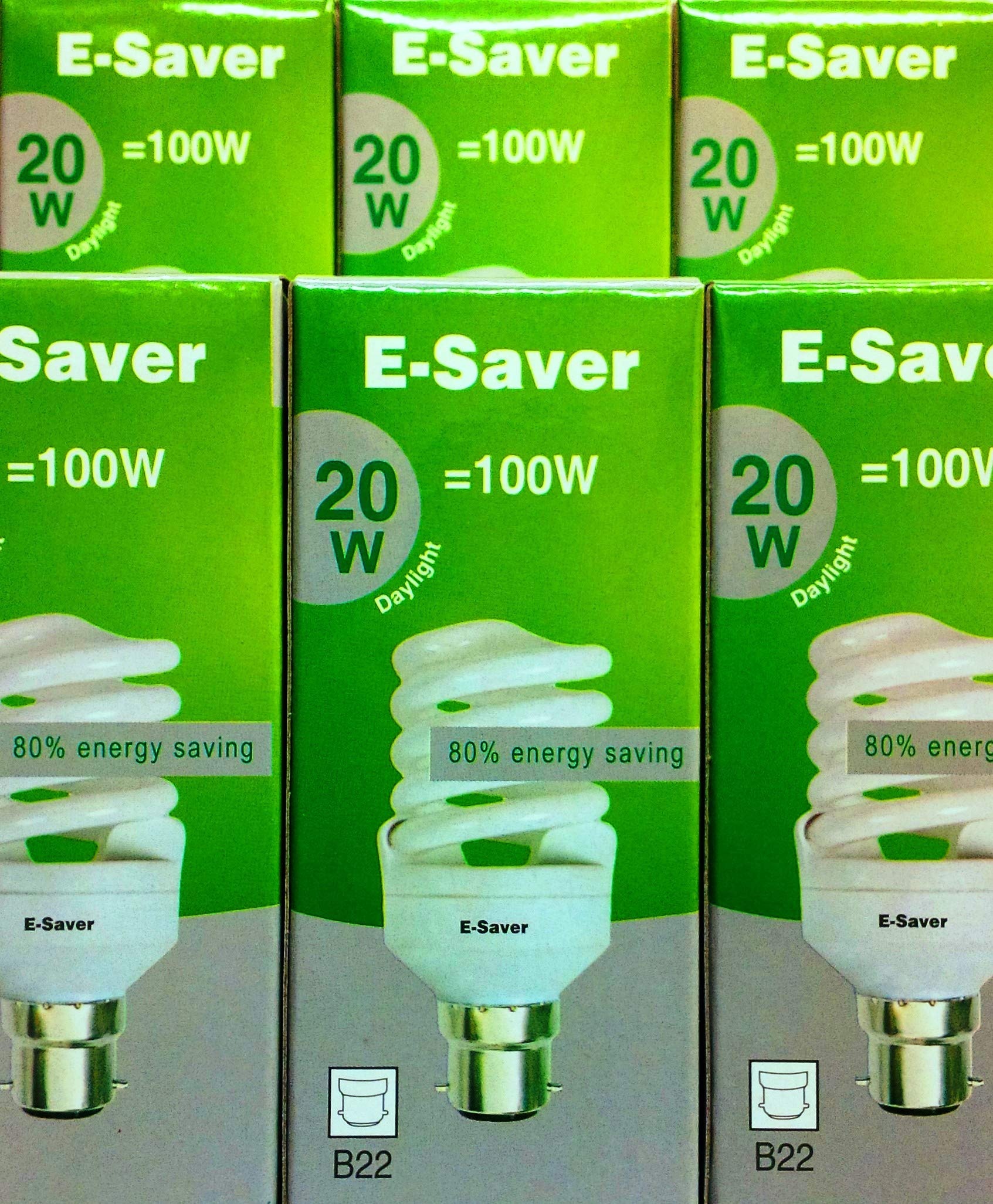E-Saver - CFL Full Spiral - Energy Saving Light Bulbs -20w = 100 Watt - (Pack of 6) - Daylight 6400k – Bayonet Light Bulb (B22- B22d) - Great for SAD - Snooker, Pool, Hobbies, Crafts, Photography