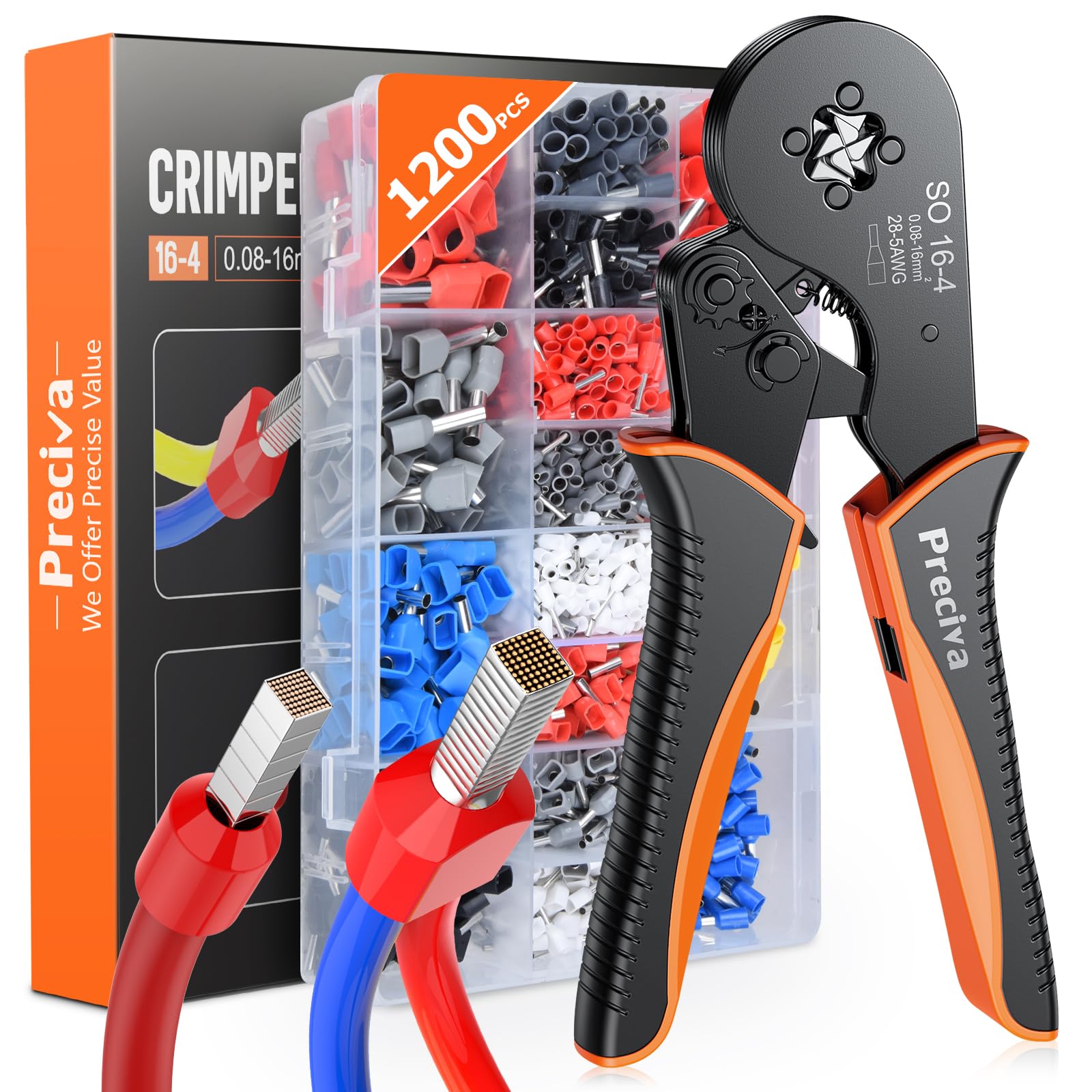 Preciva Bootlace Crimping Tool Kit, 0.08-16mm²/AWG28-5 Ferrule Crimp Toolkit with 1200pcs Connectors(300 Dual Wire Terminals), Self-Adjsutable Ratchet Crimper ToolKits — image 1