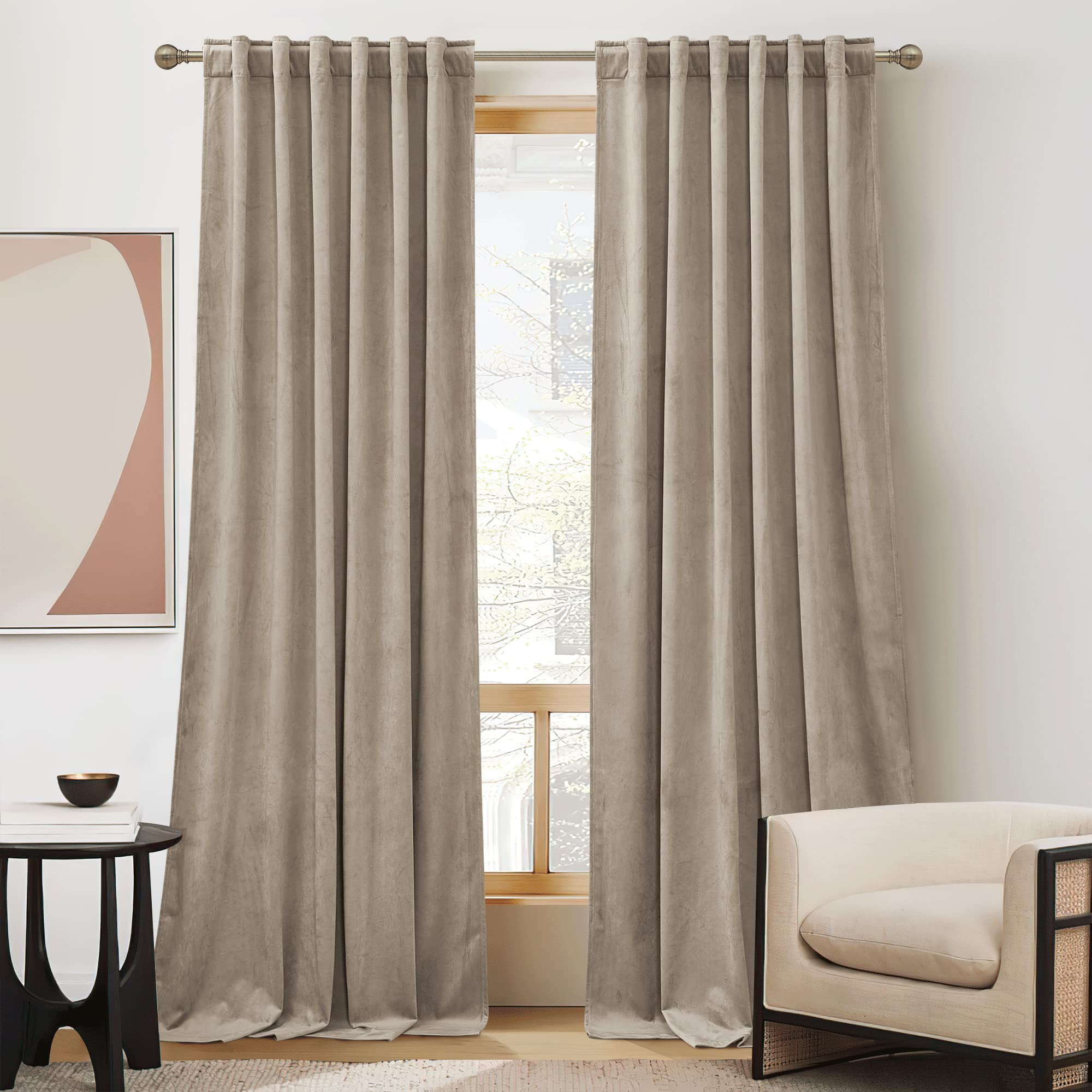 Photo 1 of ***(CREME COLOR)***RYB Home Farmhouse Curtains Elegant Velvet, Room Darkening Privacy Shades as Window Treatment Thermal Curtains for Dining Living Room Bedroom, Camel Beige, W52 x L96 inches, Set of 2