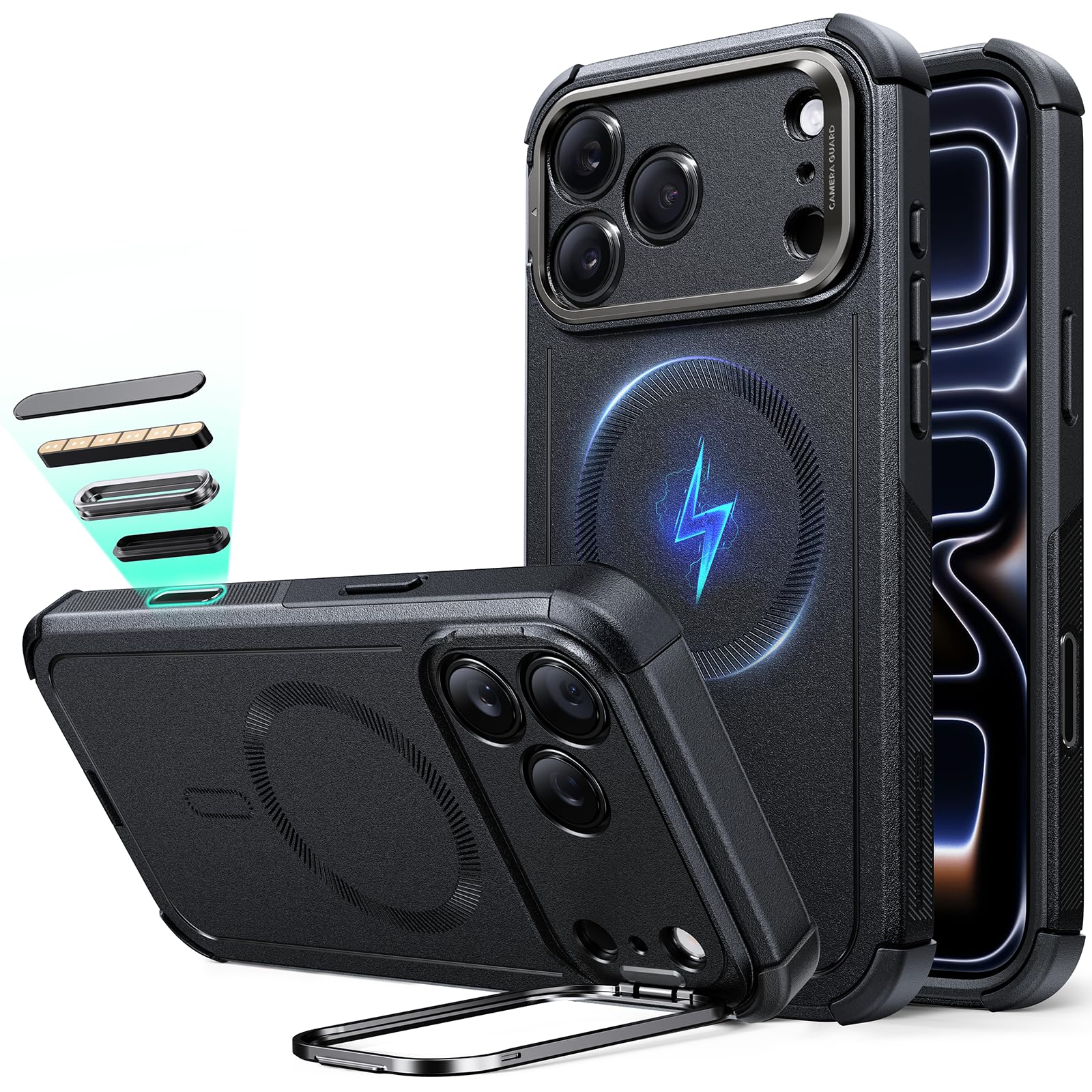 ESR for iPhone 17 Pro Max Case with Stash Stand, 7X Military-Grade Drop Protection with Camera Control, Shock-Absorbing Phone Rugged Cover, Compatible with MagSafe Accessories, Cyber Series, Black Image ESR for iPhone 17 Pro Max Case with Stash Stand, 7X Military-Grade Drop Protection with Camera Control, Shock-Absorbing Phone Rugged Cover, Compatible with MagSafe Accessories, Cyber Series, Black Image