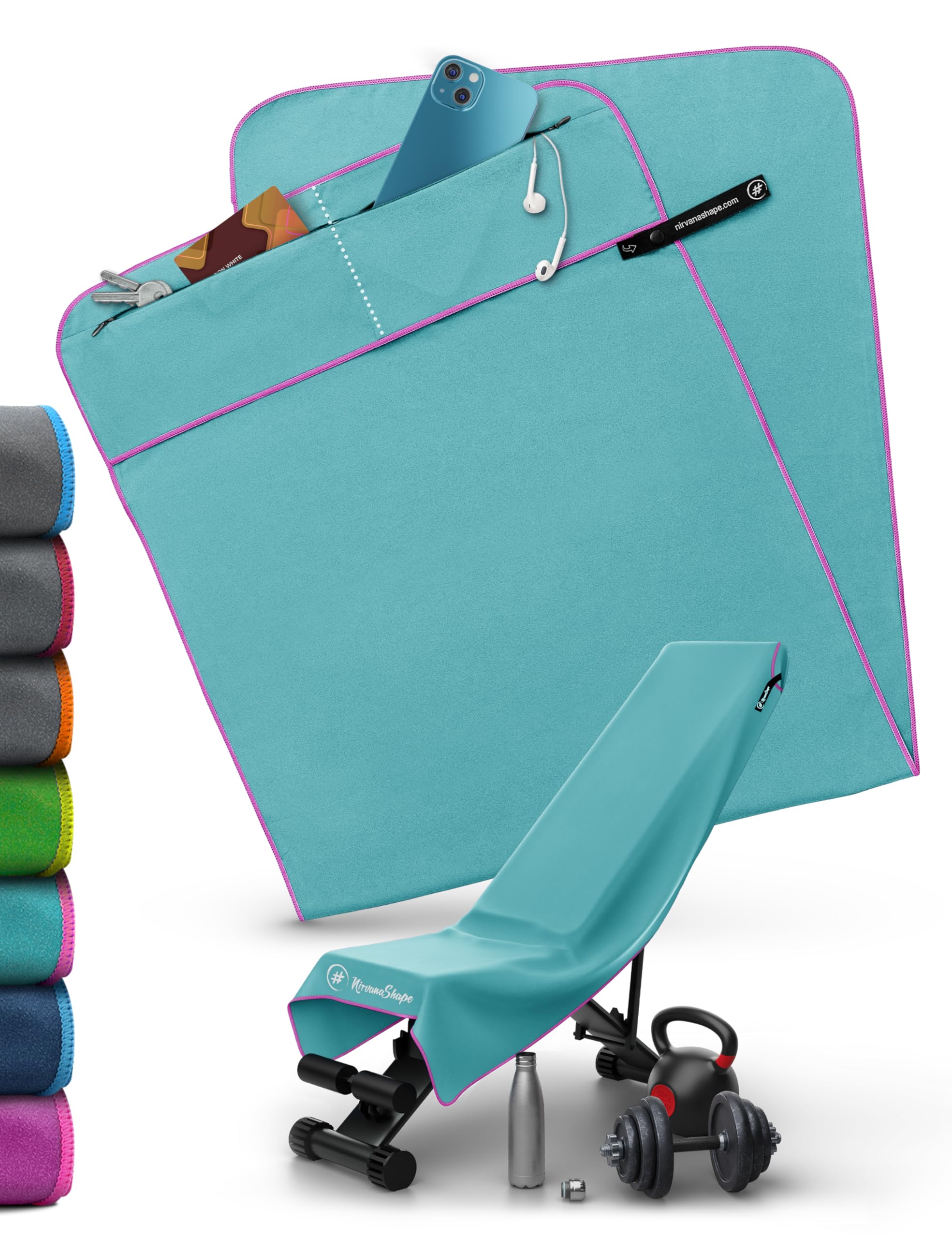 NirvanaShape Gym Towel | Microfibre Gym Towel with Magnetic Clip | Absorbent & Quick-Drying | 125 x 48 cm | Grey with Blue Trim