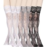Fourluoo 6 Pairs Women's Lace Socks Lace Thigh High Socks with Trim Lolita Stocking Long over Knee Stocking for Women