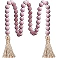 Meplait 39in Wood Bead Garland Farmhouse with Tassels,Versatile Prayer Beads Boho Chic Wall Hanging Home Decor (Pink)