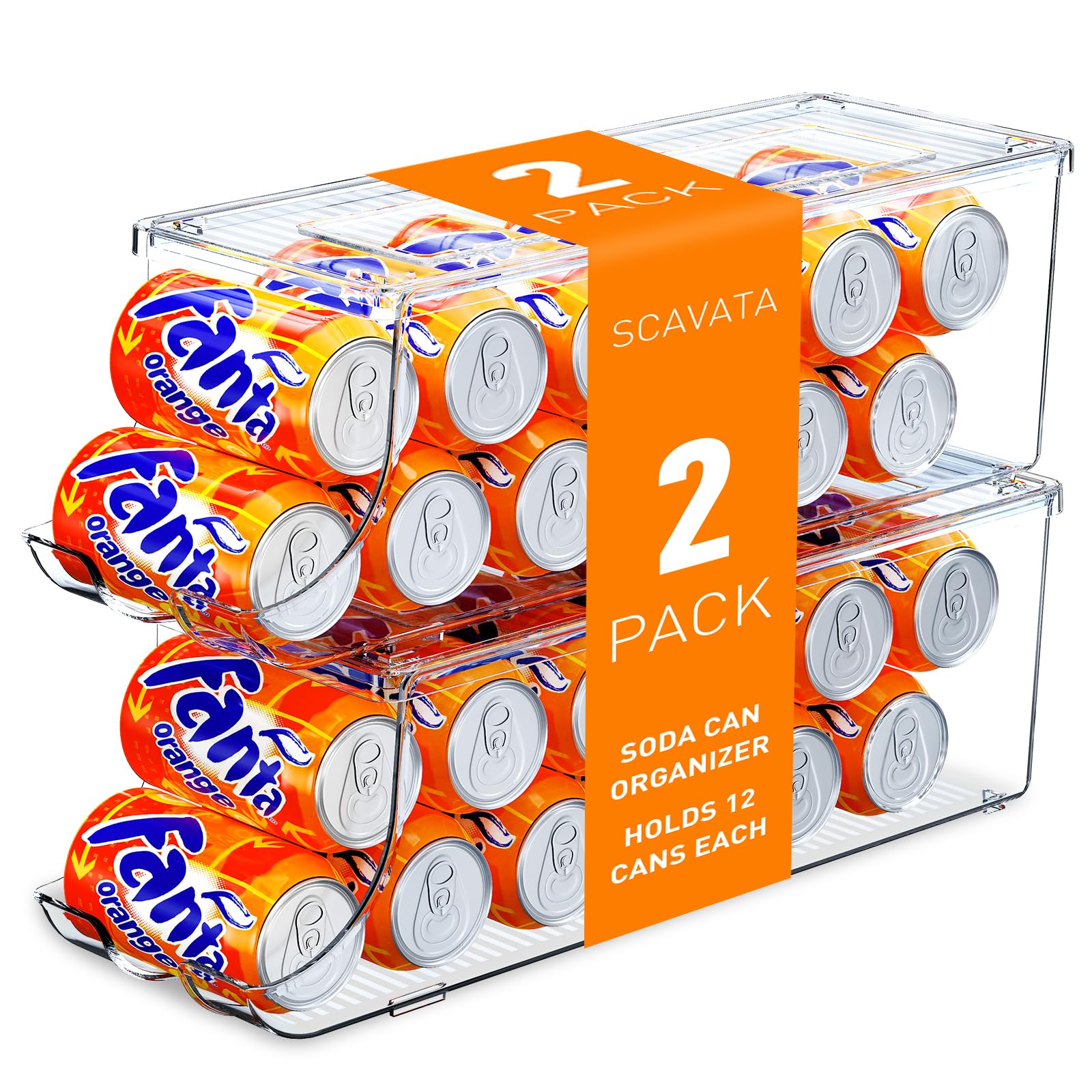 Photo 1 of SCAVATA 2 Pack Soda Can Organizer for Refrigerator, Stackable Canned Food Pop Cans Container Can Holder Dispenser with Lid for Fridge Rack Freezer, Clear Storage Bins-Holds 12 Cans Each (Clear)
