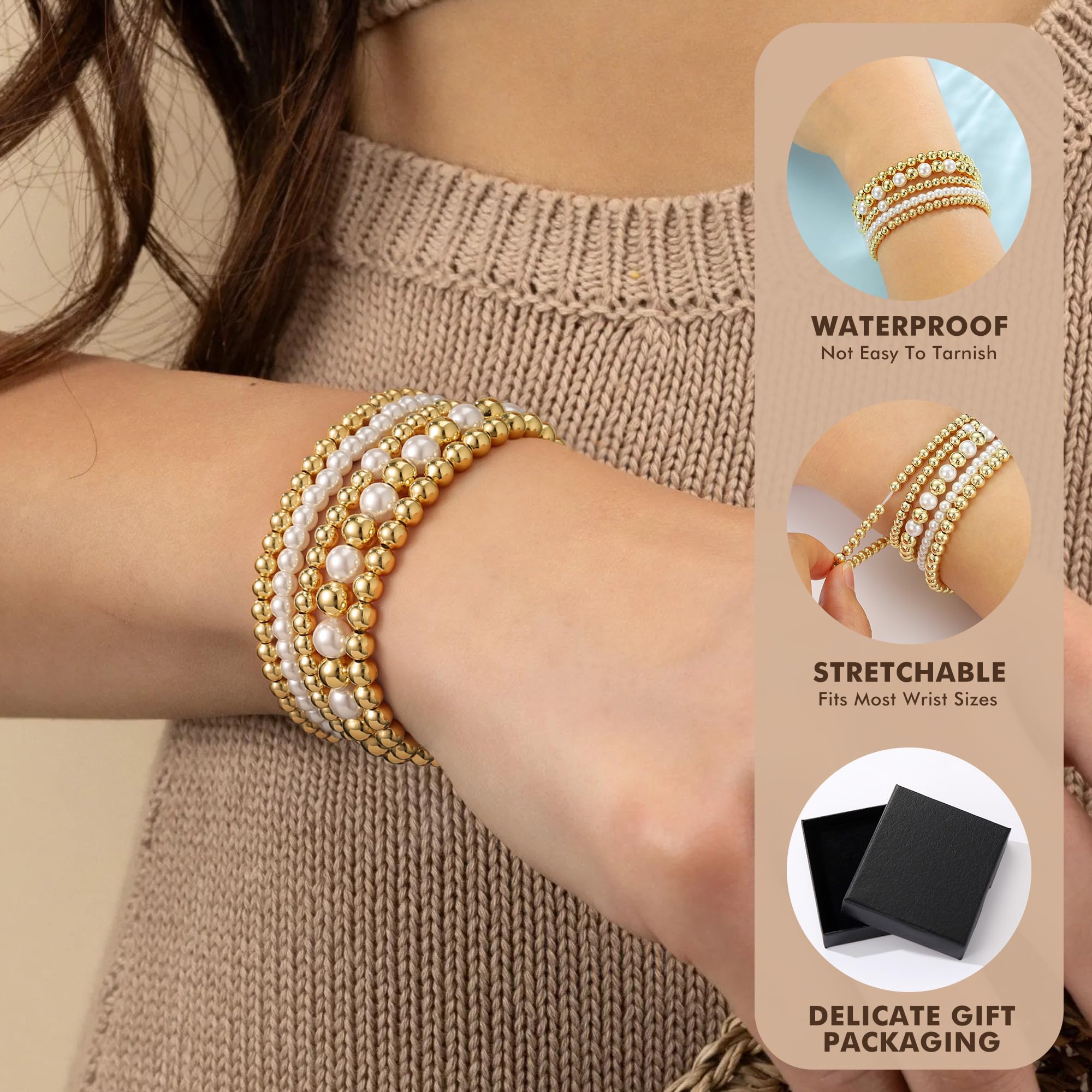 Yoosteel Gold Beaded Bracelets Set for Women Teen Girl Gifts Non Tarnish - 14K Gold Plated Dainty Round Bead Ball Pearl Cross Bracelet Stack for Women Teenage Girls Stackable Jewelry Christmas Gifts