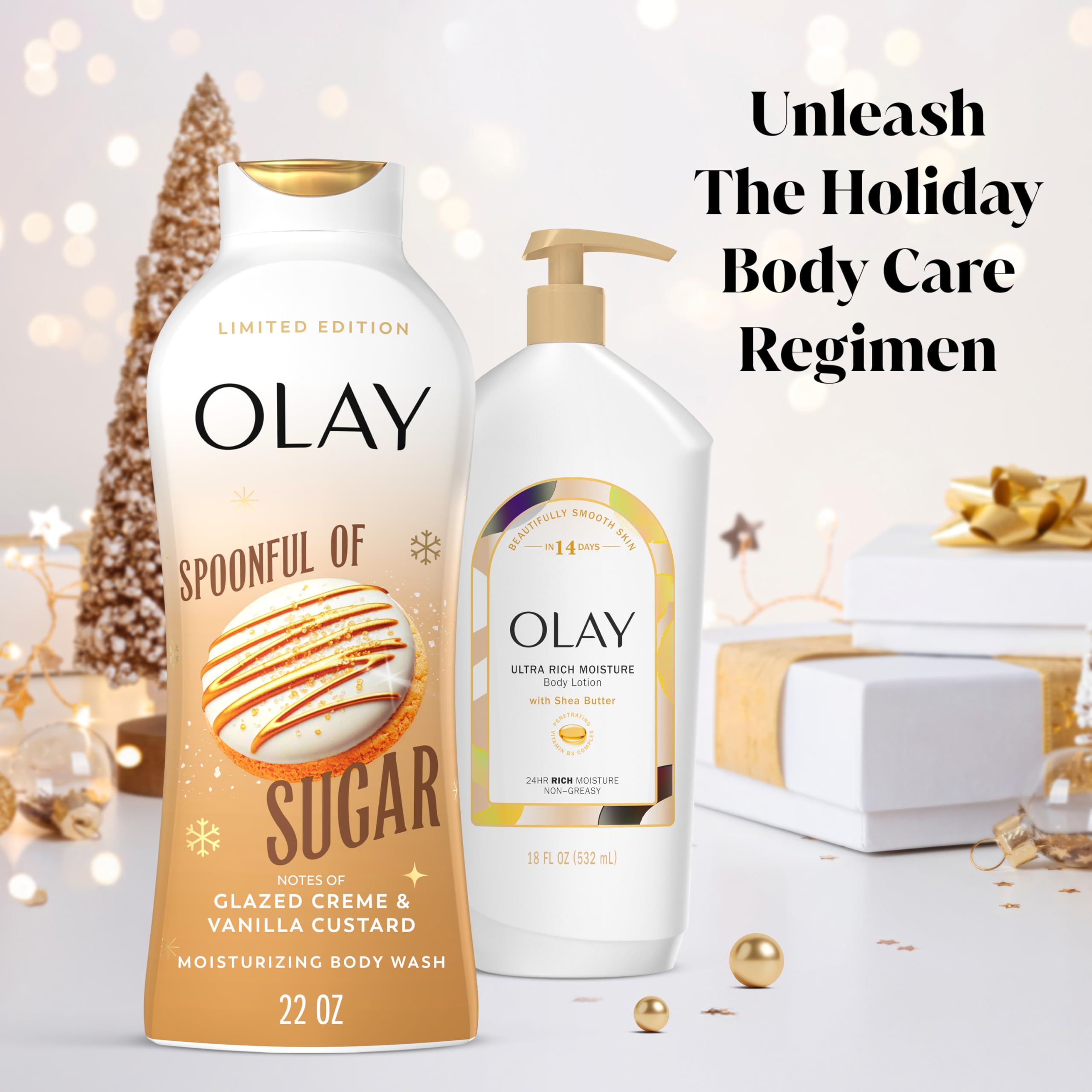 Olay Body Wash for Women, Hydrating & Moisturizing, Holiday Edition, With Plant Based Cleansers, B3 Complex, For All Skin Types, Spoonful of Sugar with Glazed Crème & Vanilla Custard Scent, 22 fl oz
