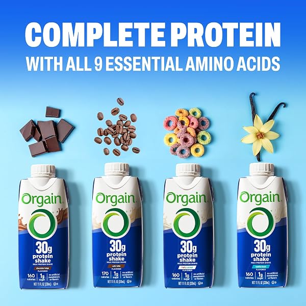 ORGAIN 30G HIGH PROTEIN SHAKE, CAFÉ LATTE, 5G BCAAS, 1G SUGAR PER SERVING, CAFFEINE FROM 1 CUP OF COFFEE, MILK ISOLATE, MEAL REPLACEMENT, READY TO DRINK, KETO FRIENDLY, GLUTEN-FREE 11 FL OZ (12 PACK)