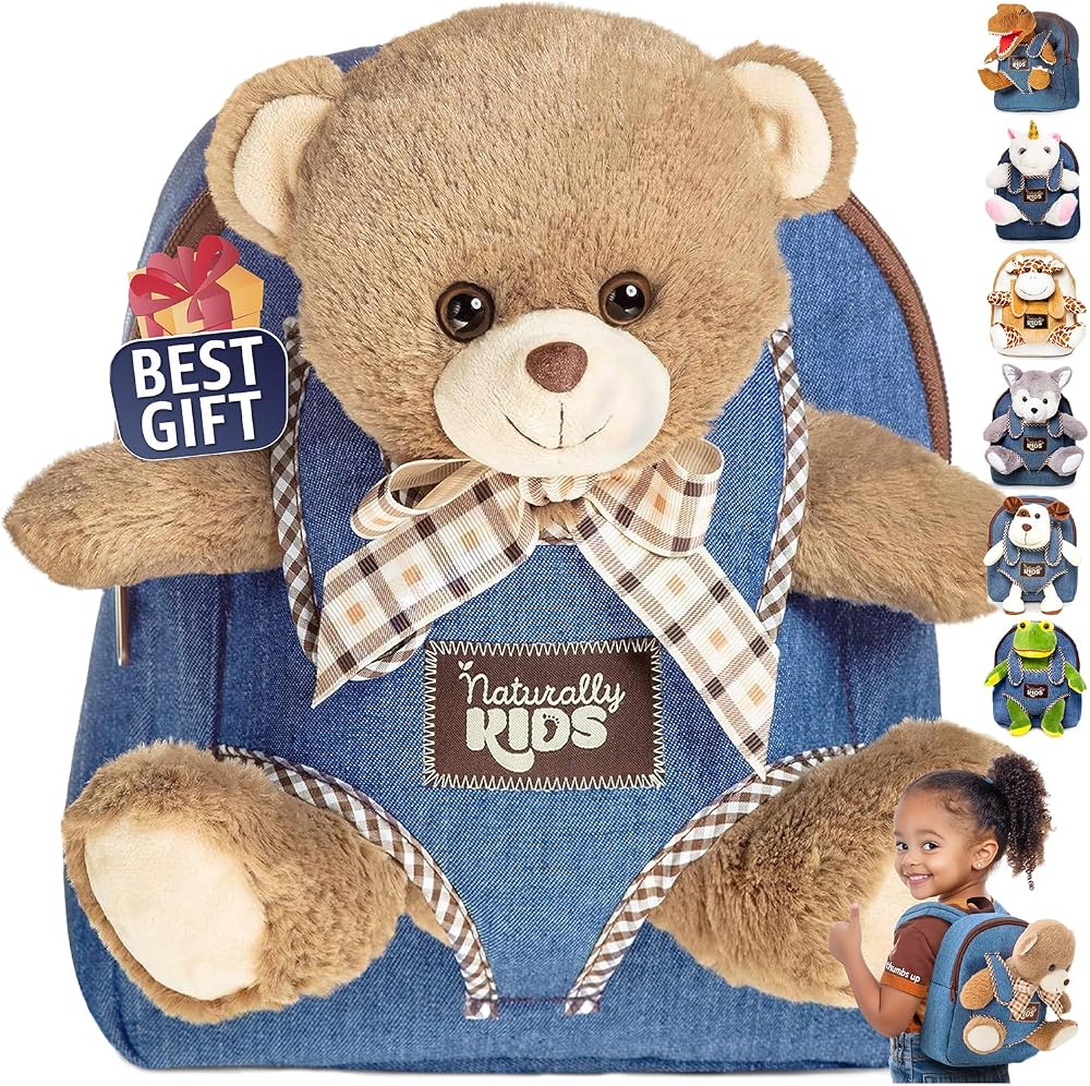 Naturally KIDS Teddy Bear Stuffed Animal Backpack for Kids Girls Boys