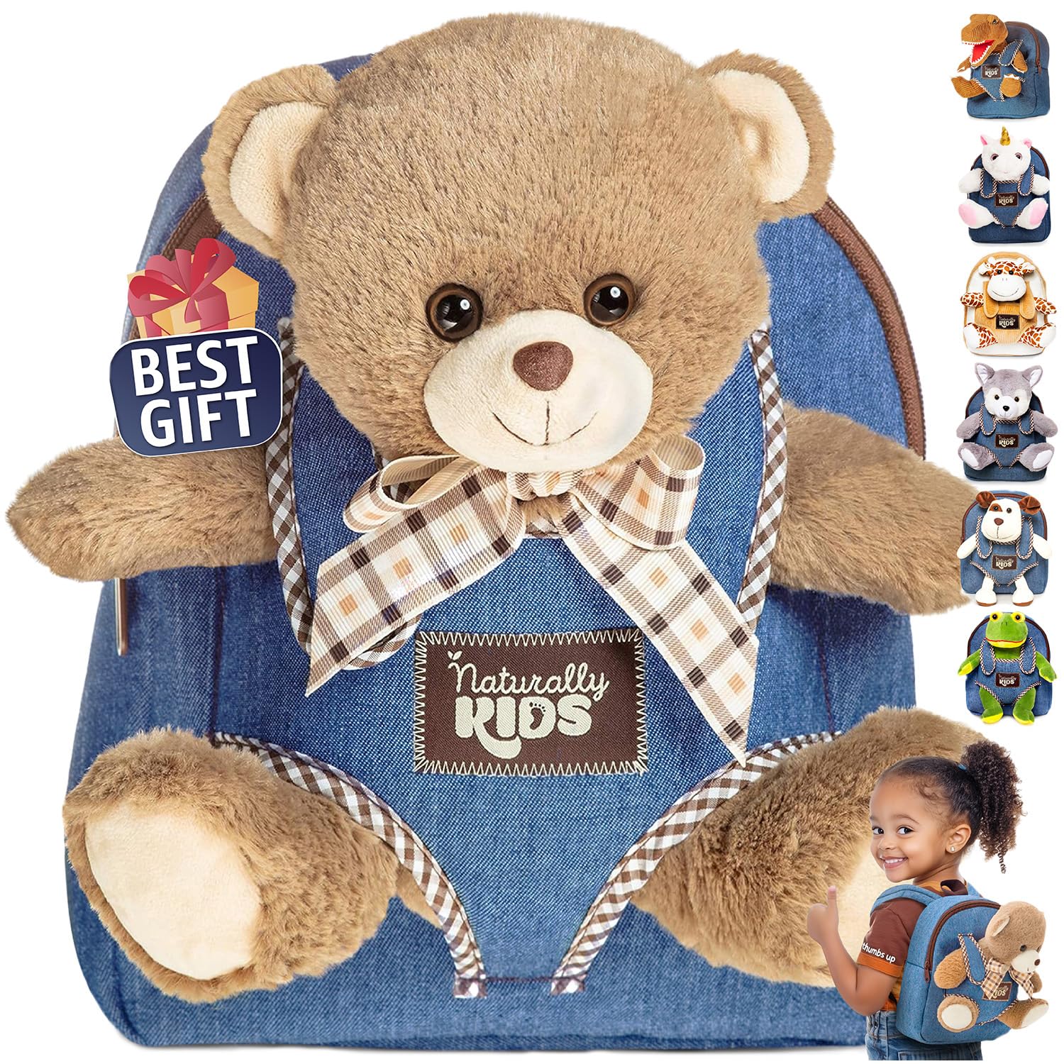 Naturally KIDS Teddy Bear Stuffed Animal Backpack for Girls Boys, Birthday Gifts for 3-5 Year Old, Toddler Backpack