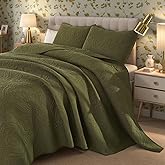 Brandream Queen Size Quilt Set Cotton Olive Green Quilts Queen Damask Matelasse Coverlet Set Farmhouse Quilted Comforter Set 3-Piece
