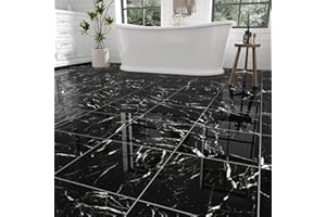 ZRJT 30-Pack Peel and Stick Floor Tiles Vinyl Floor 12 x 12 inch Self Adhesive Waterproof Flooring Planks DIY for Bathroom, Kitchen, Living Room, RV, Cover 30 Sq. Ft, Polish Black Marble