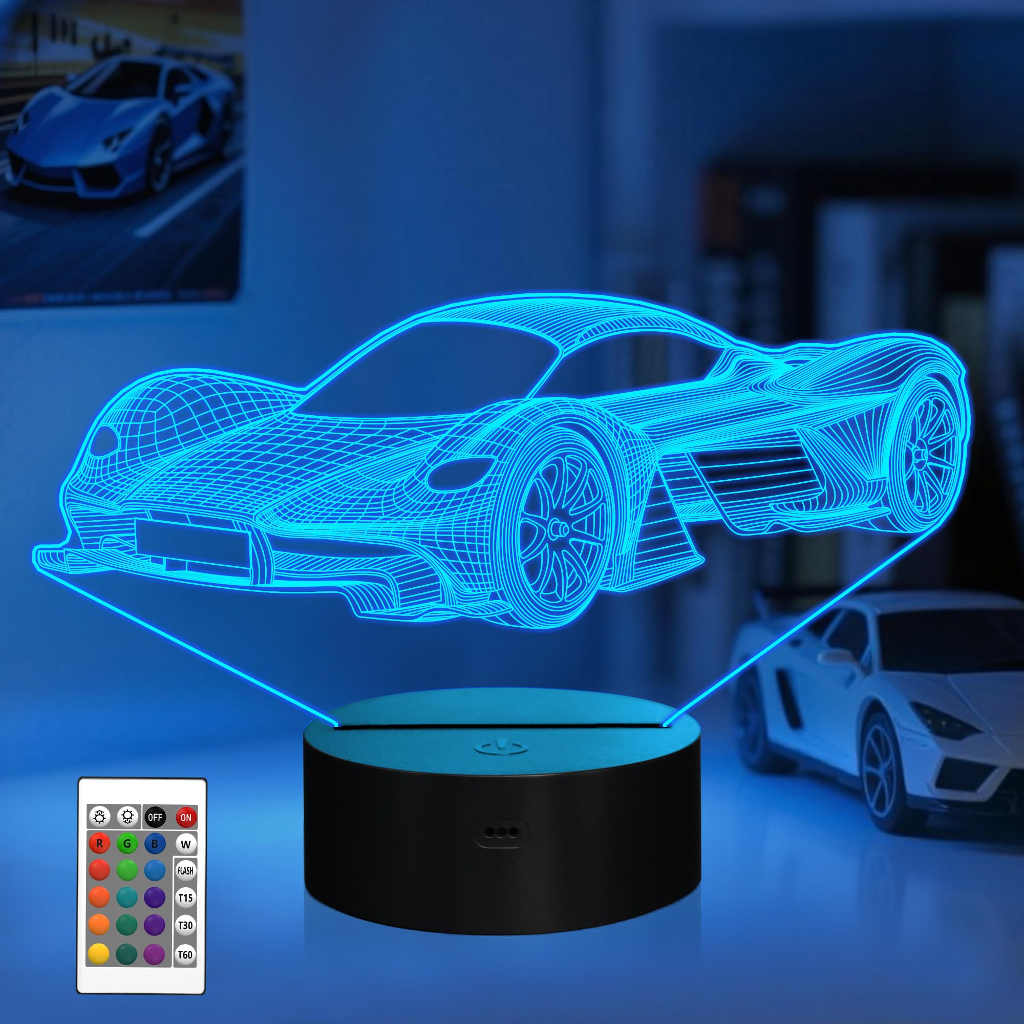Attivolife Car Gifts for Boys, Sports Racing Optical LED Night Light 16 Colors Change with Remote Control Timer, Kids Bedroom Decor Lamp Cool Novelty Birthday Xmas Present for Men Toddler