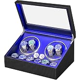 ANWBROAD 4 Watch Winder for Automatic Watches, 4 Modes, Type-C, Quiet Motor | 4 Watch Rotator and 6 Extra Storages with LED Backlight Adapter 4 Watch Winders with Carbon Fiber Adjustable Pillow UJWW002F
