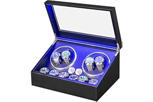 ANWBROAD Watch Winder for Automatic Watches 4 Watch Rotator and 6 Extra Storages with Super Quiet Motor and LED Backlight Turner Carbon Fiber Shaker 5 Rotating Modes USB UJWW002F