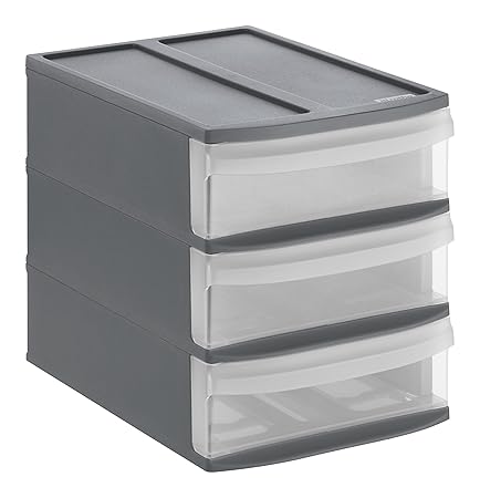 Rotho Systemix Schubladenbox mit 3 Schüben, Kunststoff (PP), anthrazit / transparent, Gr. S / A5 (26,5 x 19,2 x 23,3 cm)