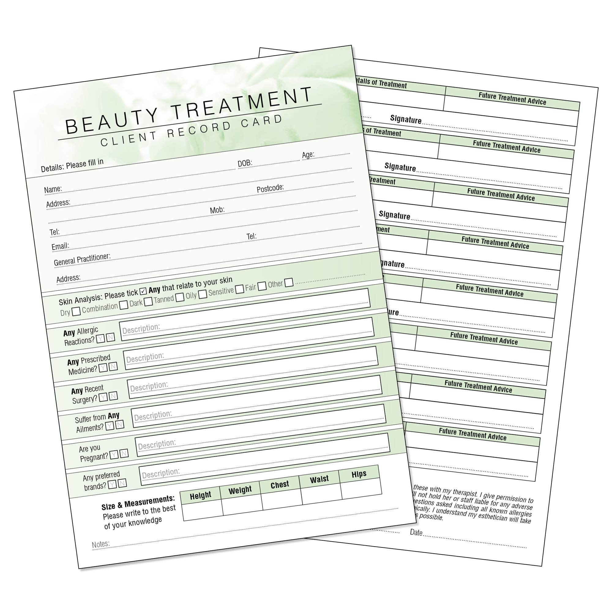 Beauty Client Record Card - Treatment Consultation Form for Mobile Therapists & Salons A5 Pack of 50 - Portrait