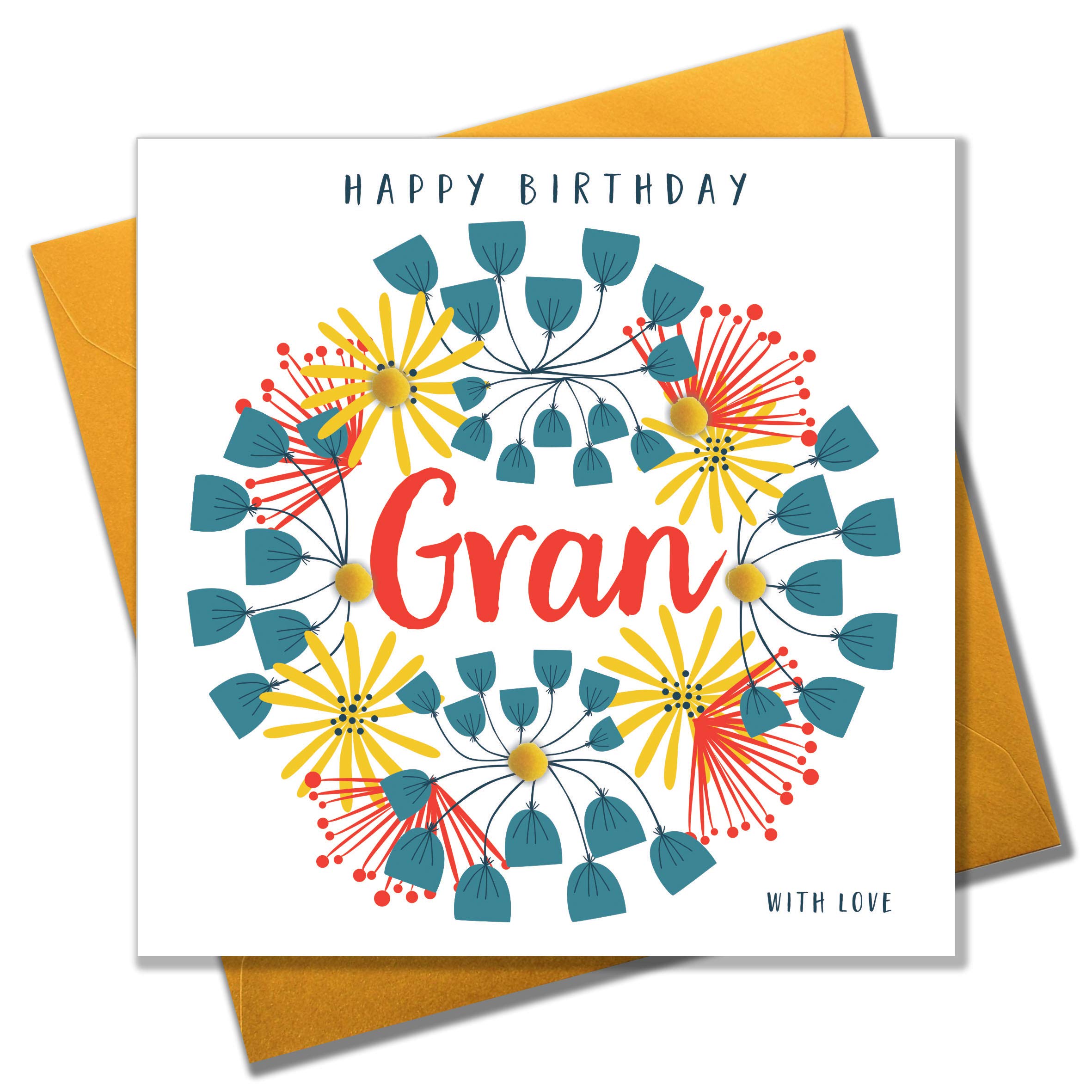 Claire Giles Greeting Cards, Happy Birthday Gran Card, Floral Pattern design Grandmother Birthday Greeting Card, Embellished with colourful Pompoms