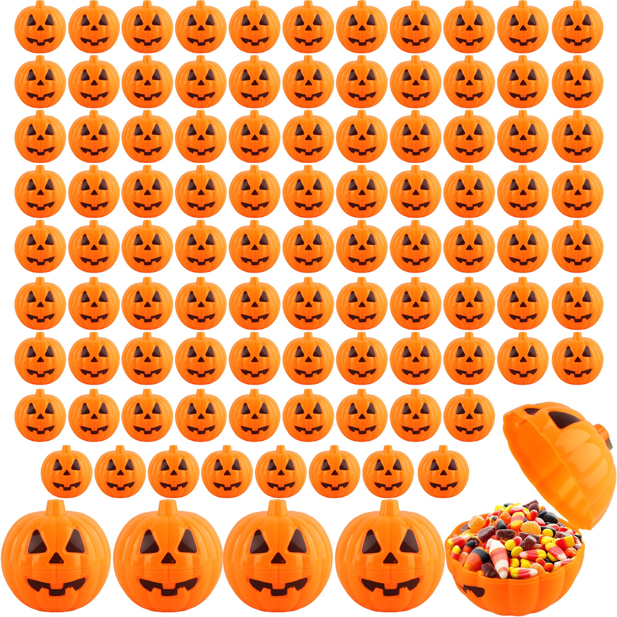 Photo 1 of 100 Pcs Plastic Fillable Pumpkins Bulk Mini Halloween Pumpkin Storage Candy Box Pumpkin Candy Holder for Halloween Trick Treat Gift Party Favors