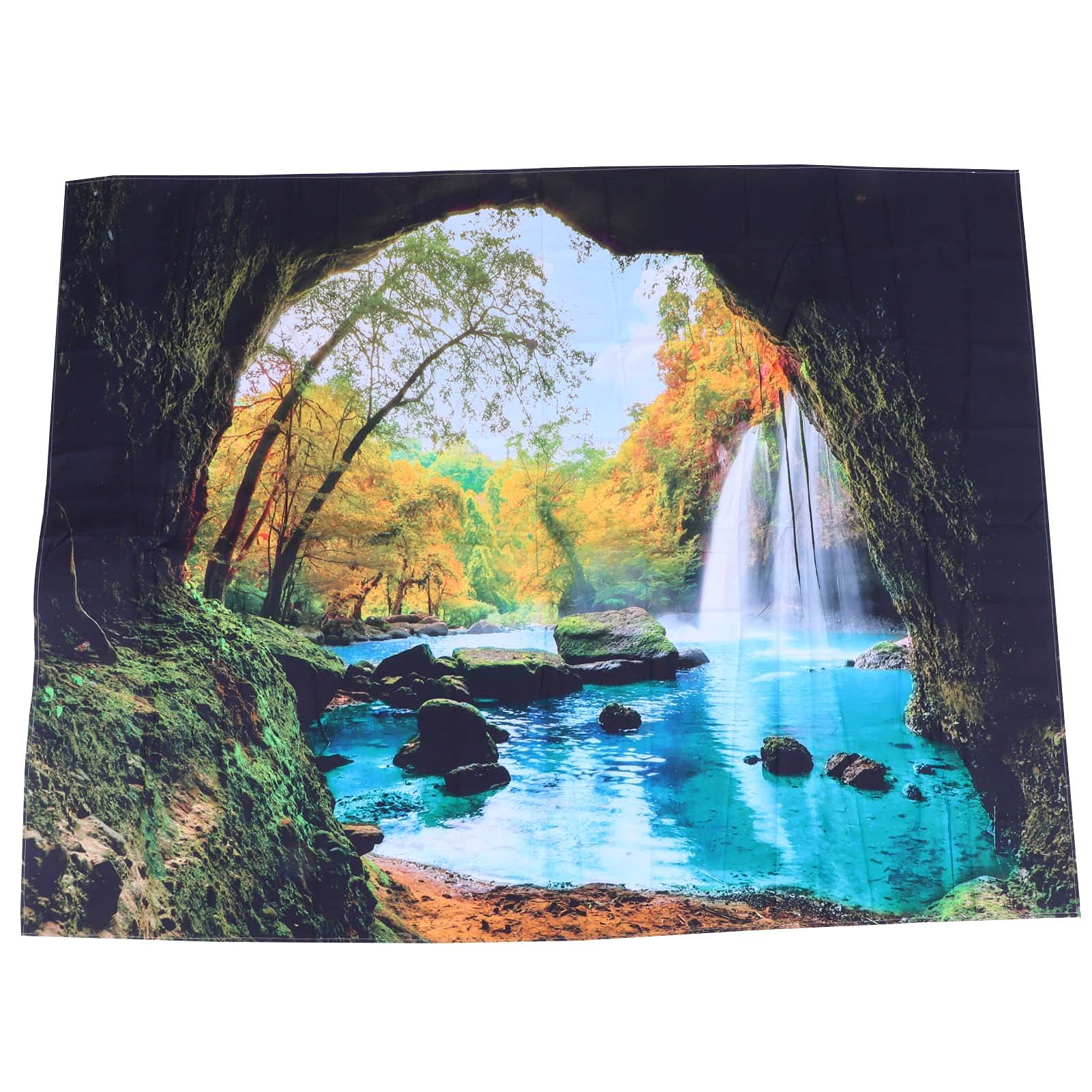 Mountain Cave Stream Wall Tapestry Nature Landscape Pattern Tapestry Waterfall Forest Wall Hanging Blanket for House Living Room Decoration(150 * 150cm)