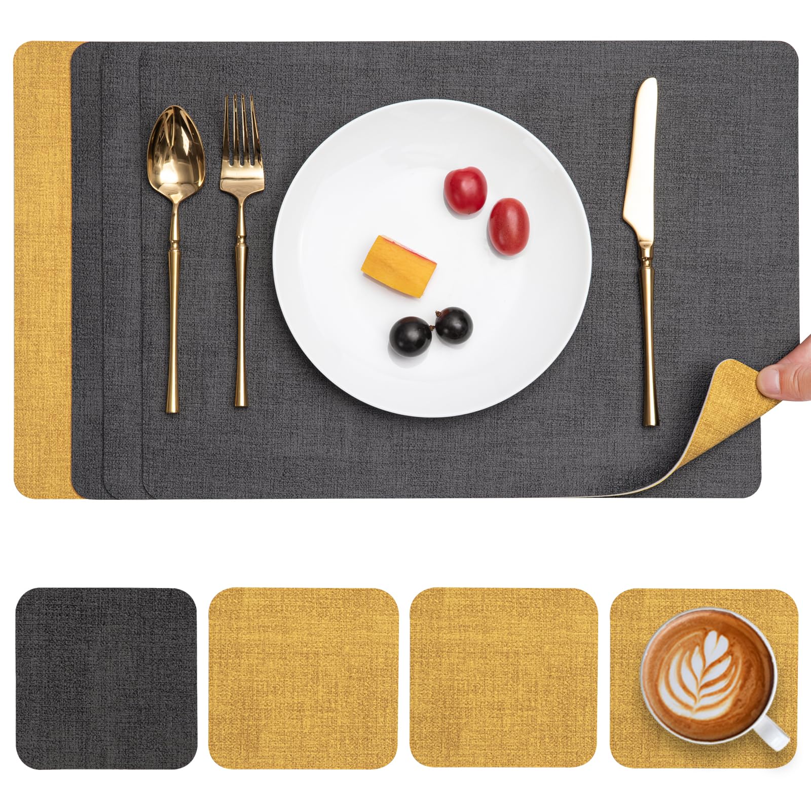 Myir JUN Placemats and Coasters Set of 4, Place Mats Dual Sided Faux Leather Table Mats PU Indoor Outdoor Heat Resistant Placemat Square Non Slip Wipeable Washable Dining Restaurant (Grey Yellow)