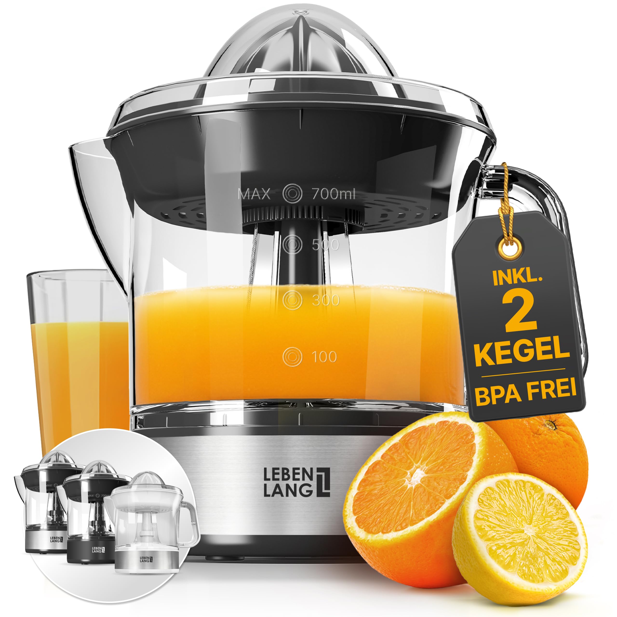 LEBENLANG Zitruspresse elektrisch - 2 Kegel & BPA-Frei I Hohe Saftausbeute I 700ml Orangenpresse elektrische Saftpresse Edelstahl für Zuhause I Entsafter Zitronenpresse Orangensaftpresse